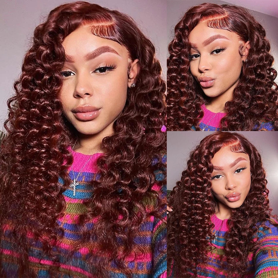 Reddish Brown Loose Deep Wave Human Hair Wig Curly Wigs Brazilian Colored 13x4 HD Transparent Lace Front Wig For Women On Sale