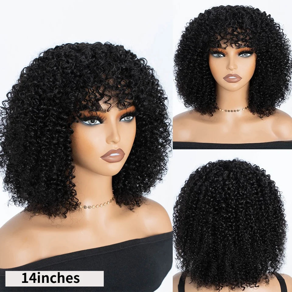 Full Curly Bob Wigs Human Hair Wigs Afro Curly Wigs With Bangs Glueless Wear Go Jerry Curly Bob Wigs Brazilian Human Hair Wigs