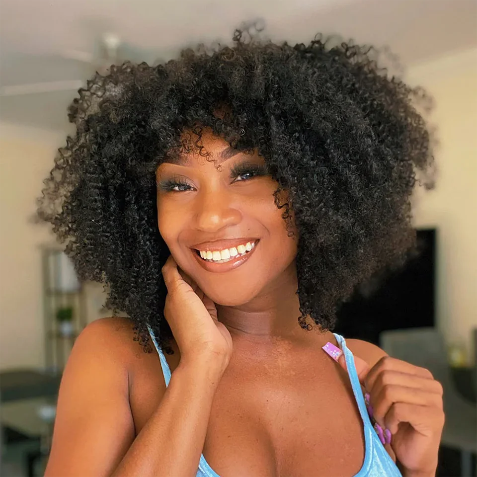 Full Curly Bob Wigs Human Hair Wigs Afro Curly Wigs With Bangs Glueless Wear Go Jerry Curly Bob Wigs Brazilian Human Hair Wigs