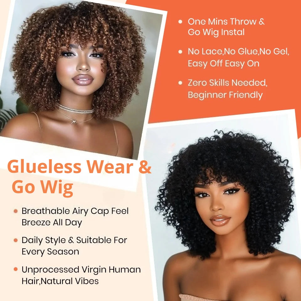Full Curly Bob Wigs Human Hair Wigs Afro Curly Wigs With Bangs Glueless Wear Go Jerry Curly Bob Wigs Brazilian Human Hair Wigs