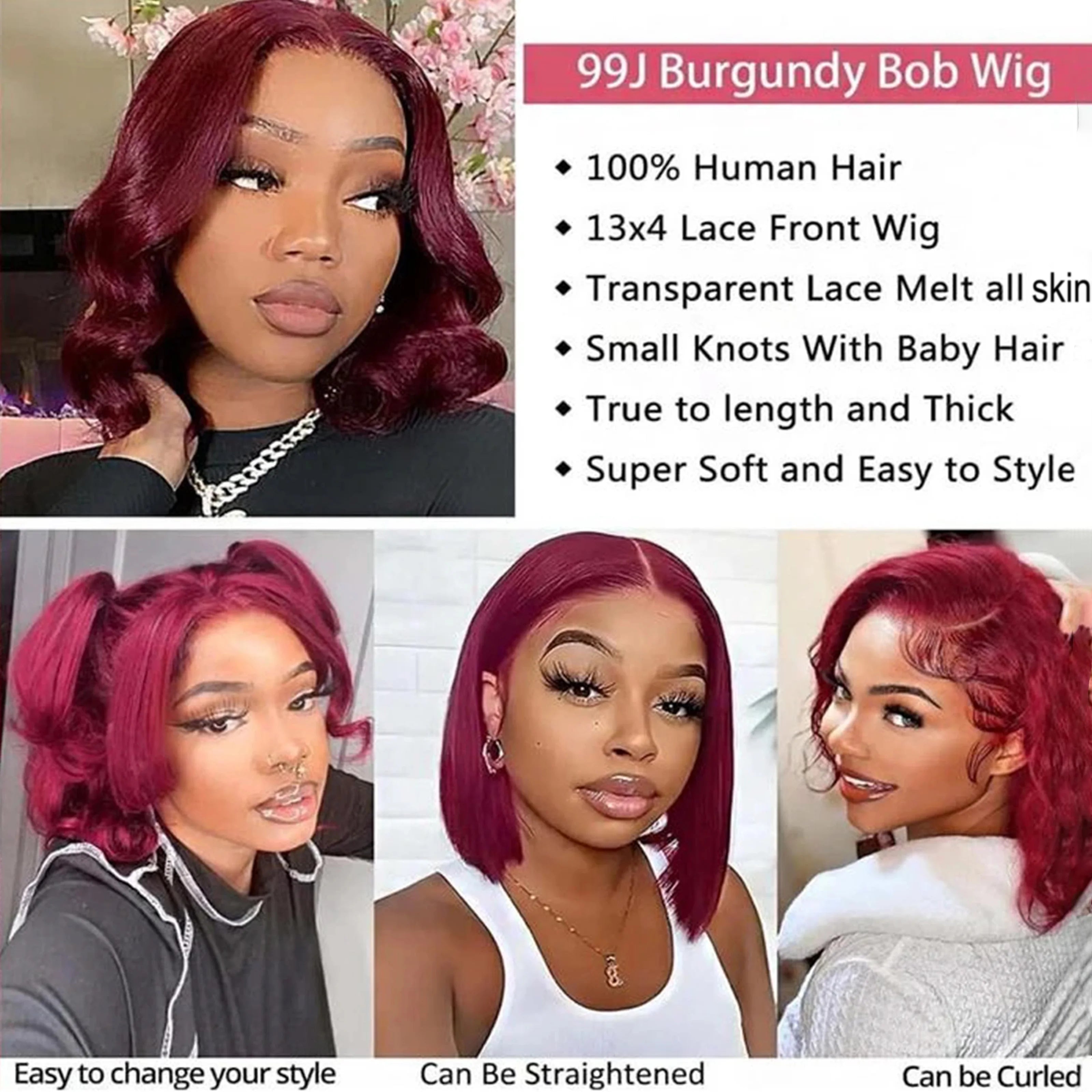 Burgundy Bob Wig Human Hair 13x4 HD Lace Frontal Straight 99J Short Human Hair Wigs Red Wig Front Human Hair Wig Colored Wigs
