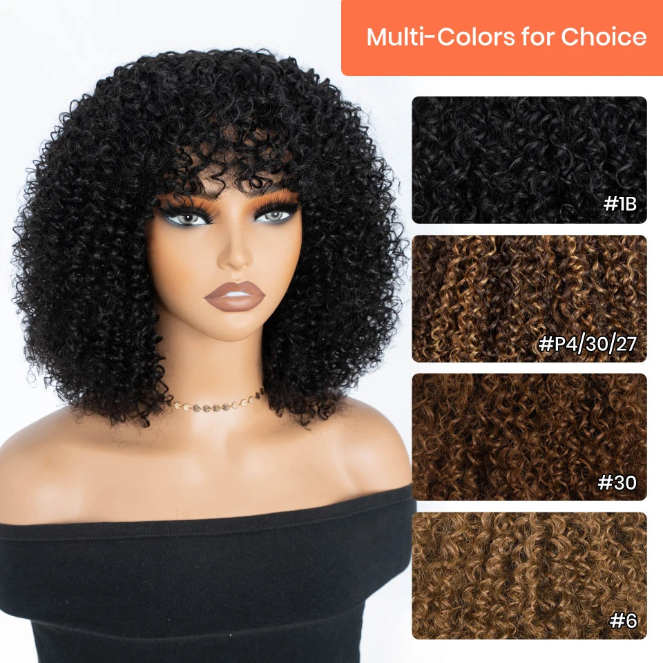 Full Curly Bob Wigs Human Hair Wigs Afro Curly Wigs With Bangs Glueless Wear Go Jerry Curly Bob Wigs Brazilian Human Hair Wigs