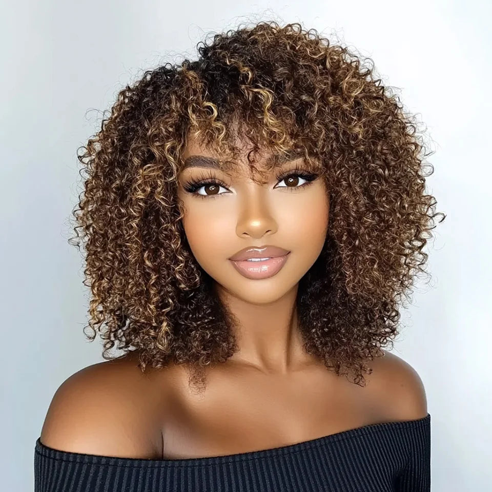 Full Curly Bob Wigs Human Hair Wigs Afro Curly Wigs With Bangs Glueless Wear Go Jerry Curly Bob Wigs Brazilian Human Hair Wigs