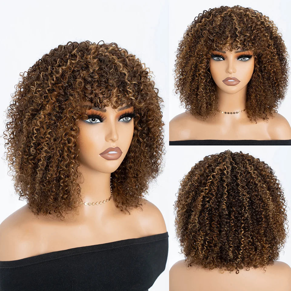 Full Curly Bob Wigs Human Hair Wigs Afro Curly Wigs With Bangs Glueless Wear Go Jerry Curly Bob Wigs Brazilian Human Hair Wigs