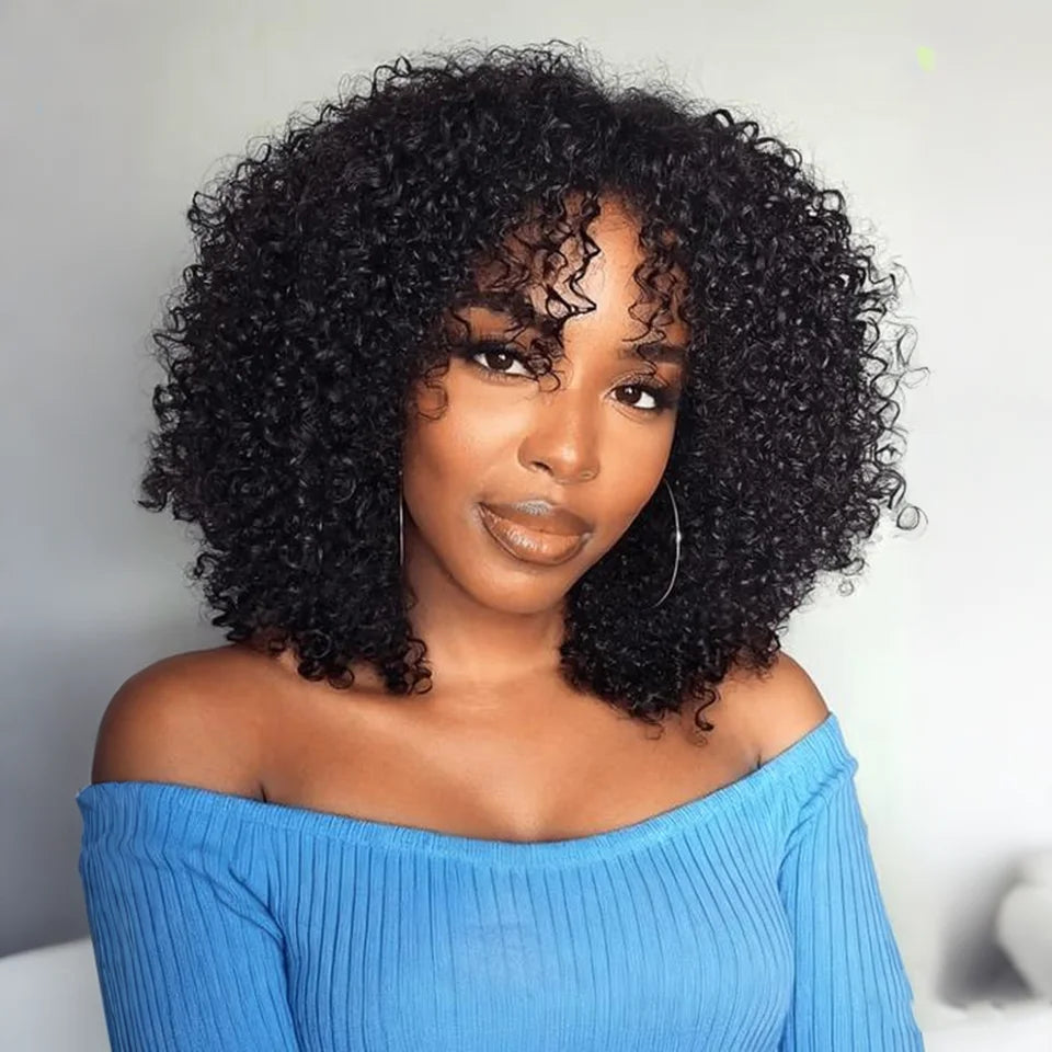 Full Curly Bob Wigs Human Hair Wigs Afro Curly Wigs With Bangs Glueless Wear Go Jerry Curly Bob Wigs Brazilian Human Hair Wigs
