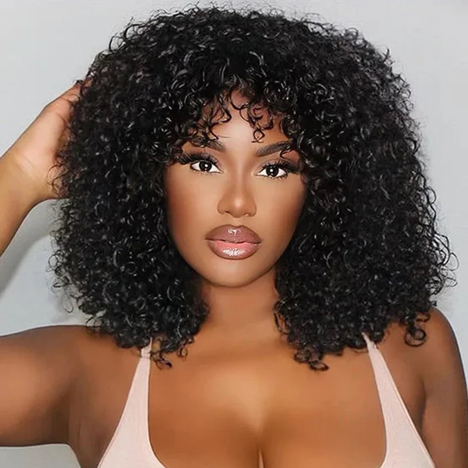 Full Curly Bob Wigs Human Hair Wigs Afro Curly Wigs With Bangs Glueless Wear Go Jerry Curly Bob Wigs Brazilian Human Hair Wigs